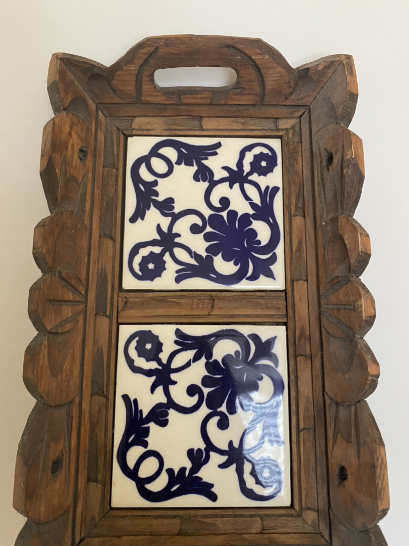 Vintage Tray Hand-Carved Wood & Ceramic Tile - photo 2