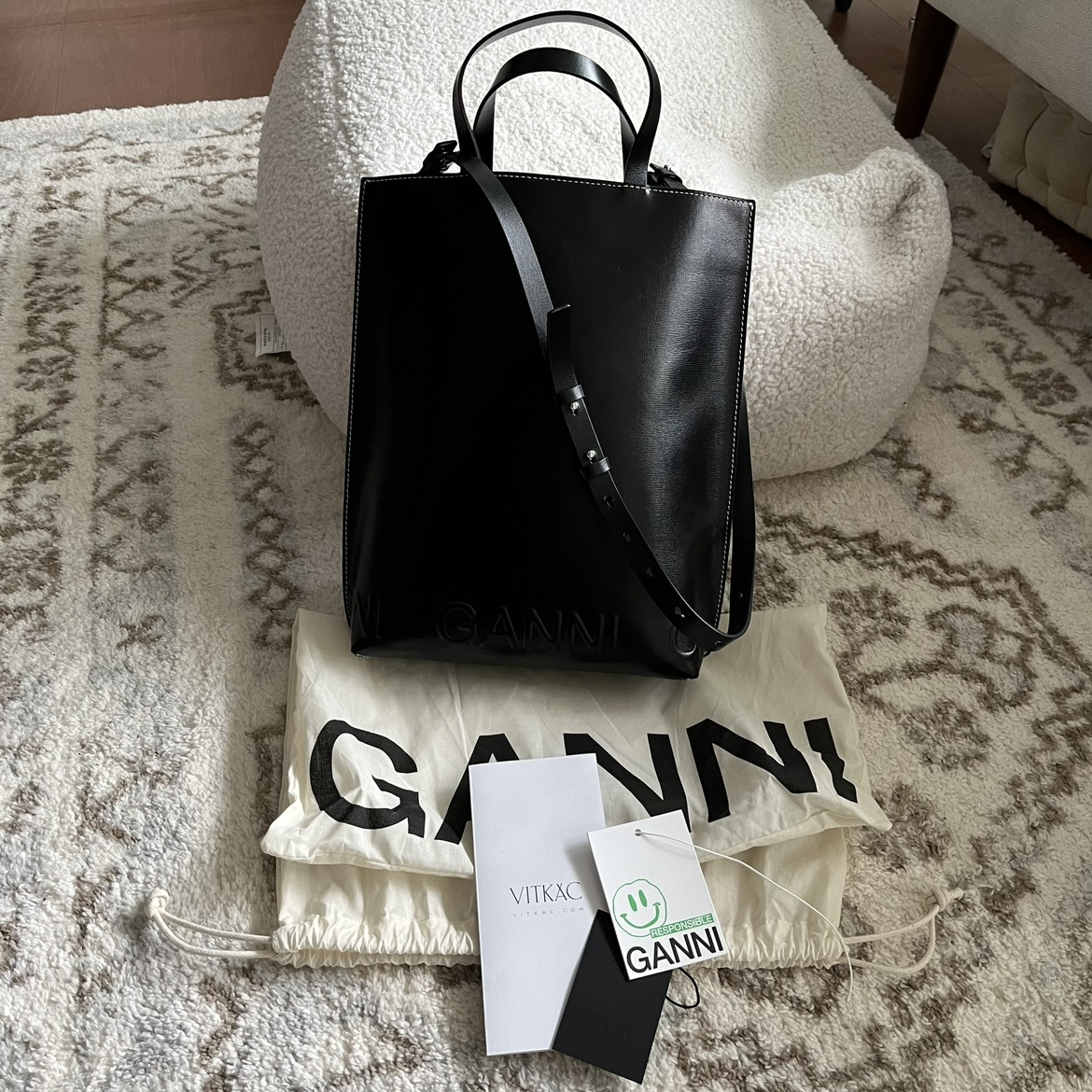 Ganni Leather Medium Banner Tote Bag