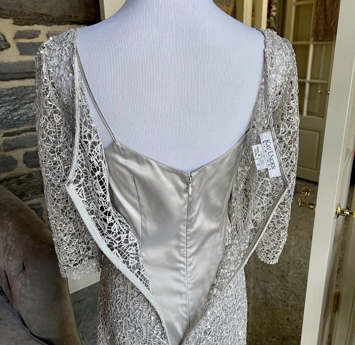 Kay Unger Dress Silver Sequin Crochet Size 10 - photo 3