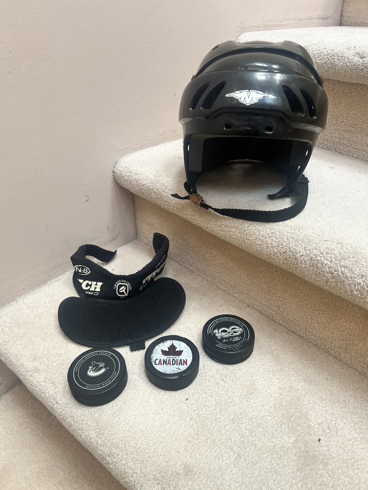 Hockey helmet S $20, Neck guard $10 Pucks 3 for $10