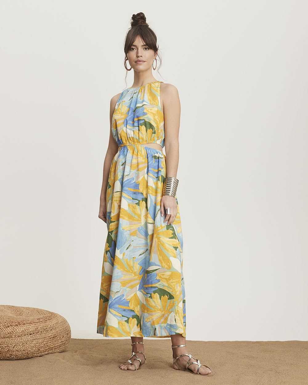 Linen Blend Crew-Neck Maxi Dress With Cutout At Waist; M
