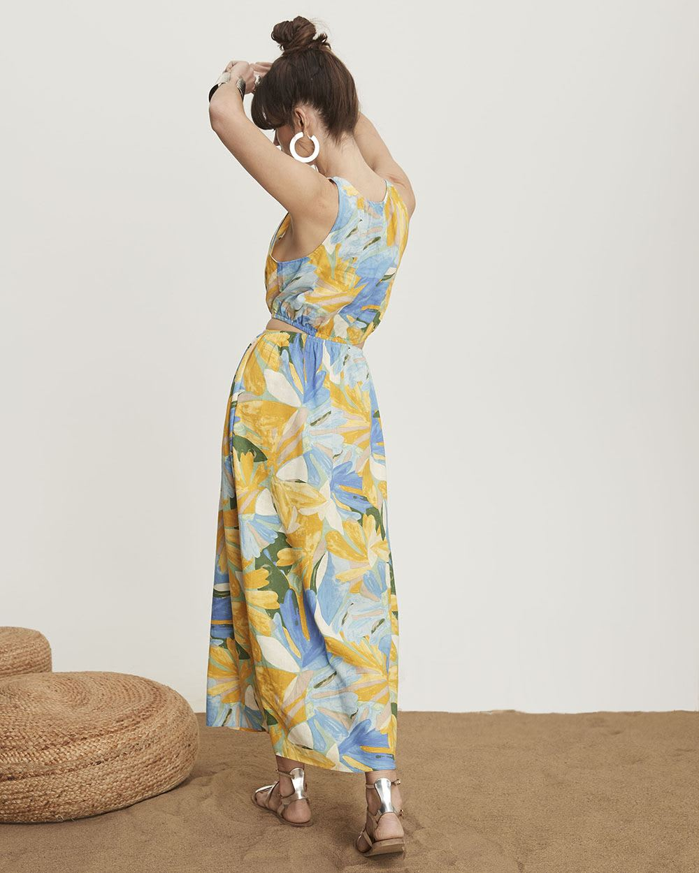 Linen Blend Crew-Neck Maxi Dress With Cutout At Waist; M - photo 2