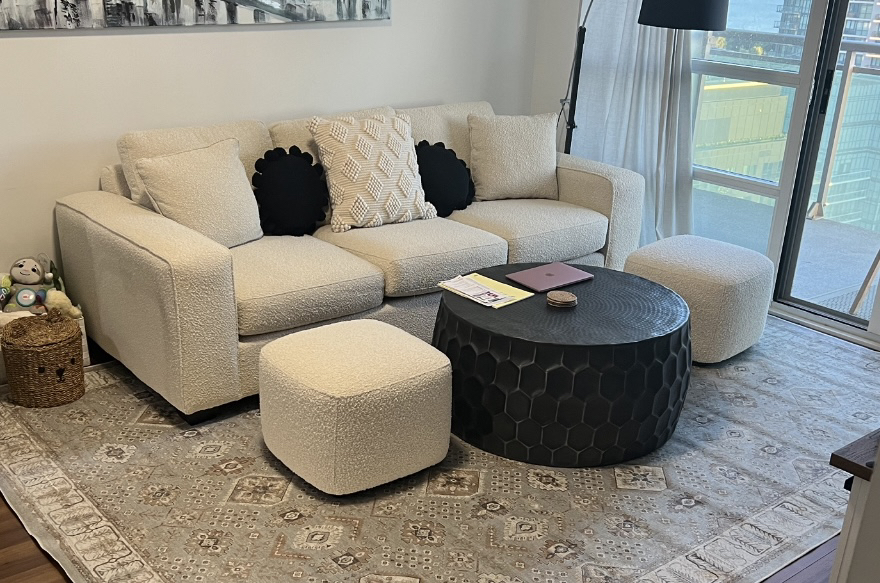 Urban Barn Sophia Sofa Boucle Ivory With 2 Kodie Ottomans