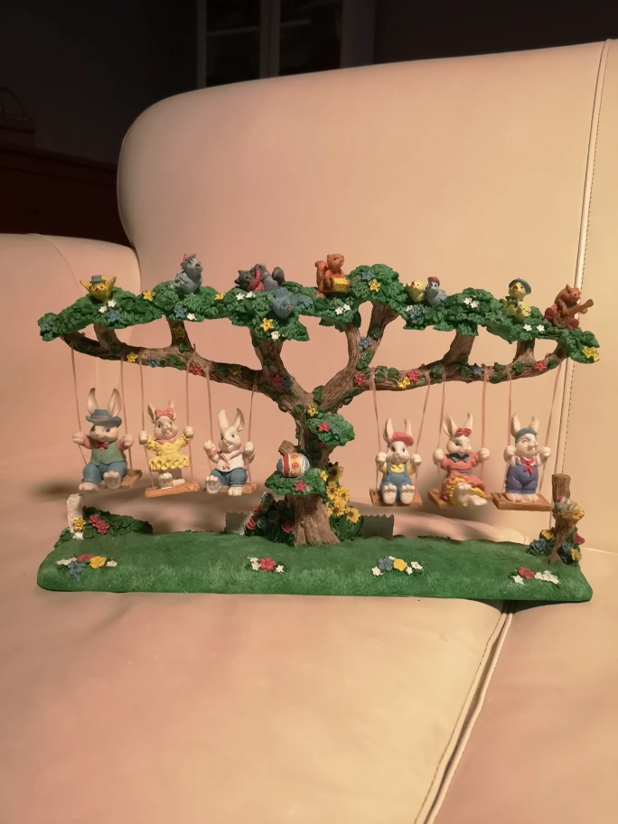 EASTER / SPRING BUNNY FAMILY ON A SWING VINTAGE FIGURINE thumbnail