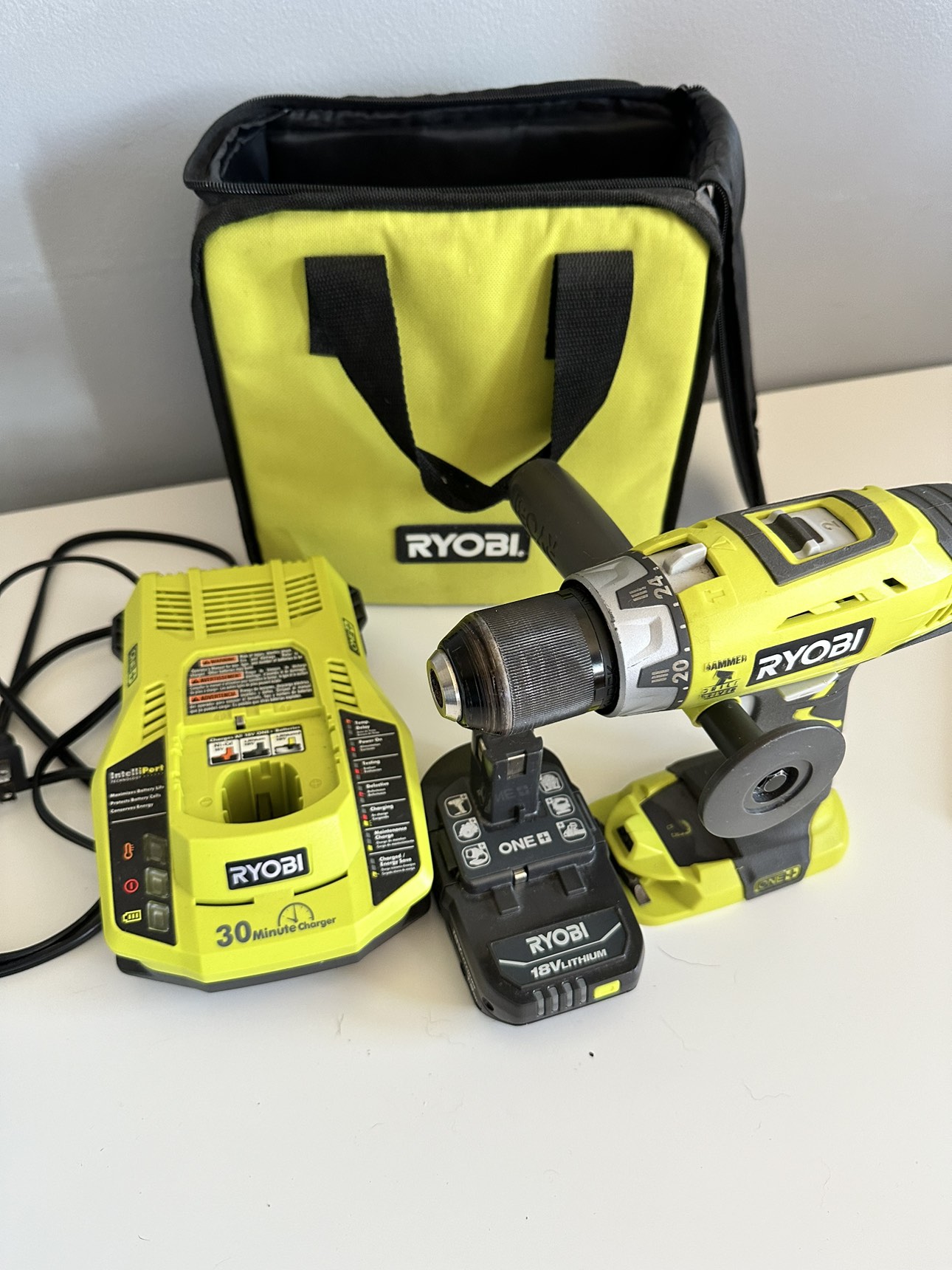Ryobi hammer drill with fast charger and battery thumbnail