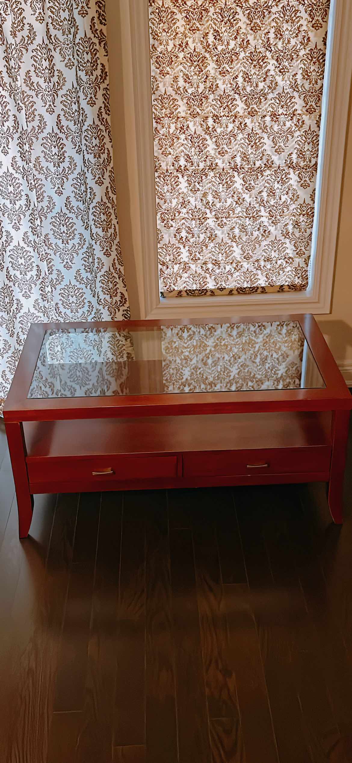 Brown natural wood glass top coffee table with drawers