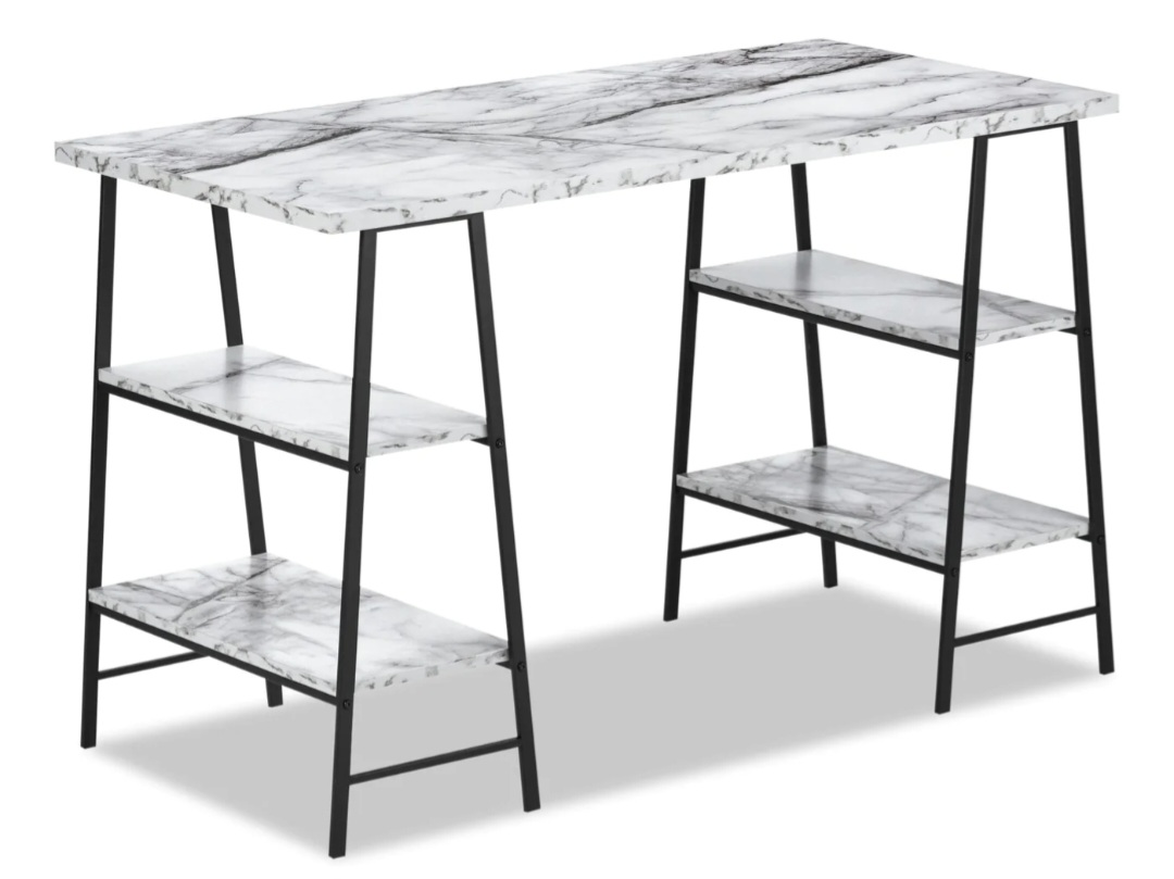 Computer Desk  Storage Shelves Metal Laminate White Marble Look thumbnail