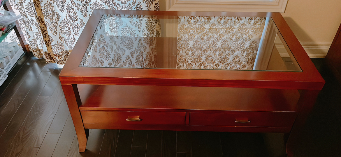 Brown natural wood glass top coffee table with drawers - photo 2