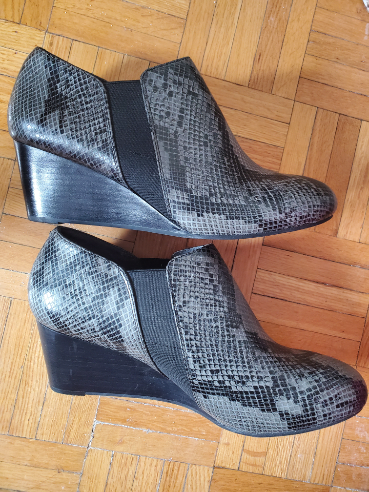 Grey snakeskin wedge booties thumbnail