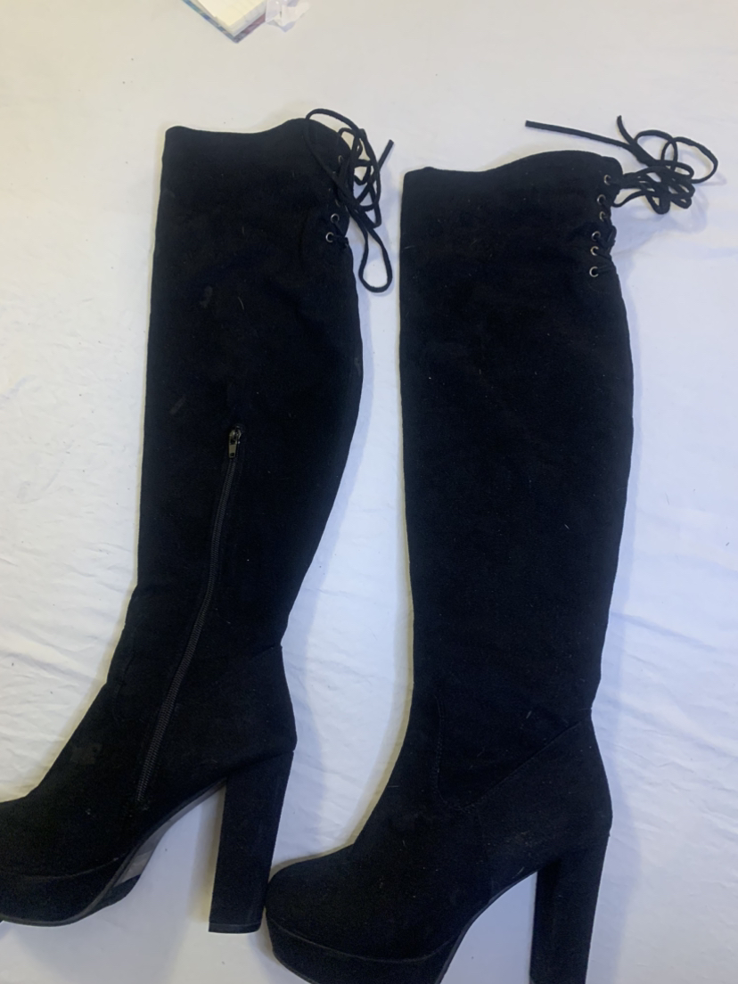 Black thigh high suede boots with lace up detail image indicator(3)