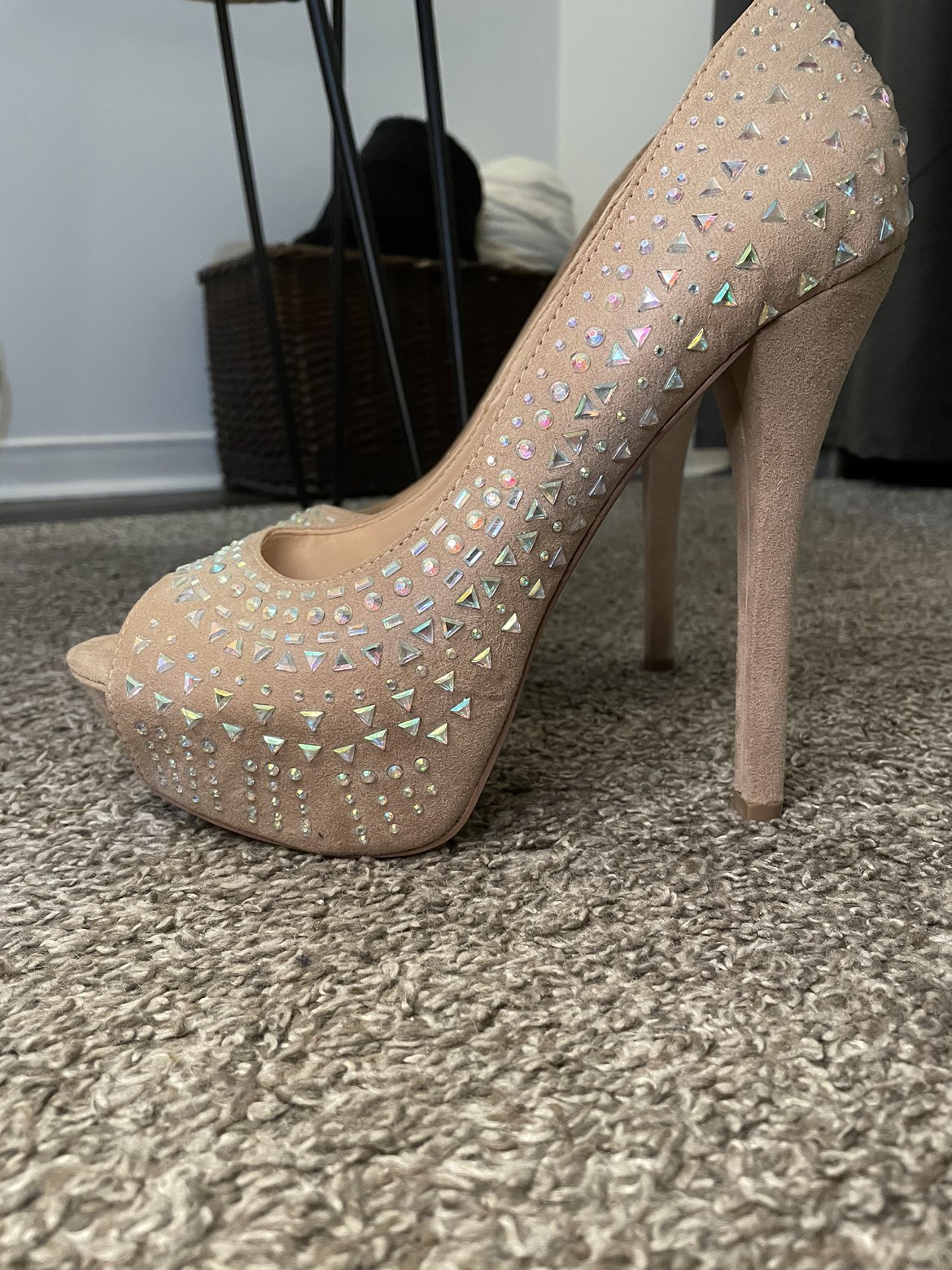 Beige suede rhinestoned 6 inch platform heels thumbnail