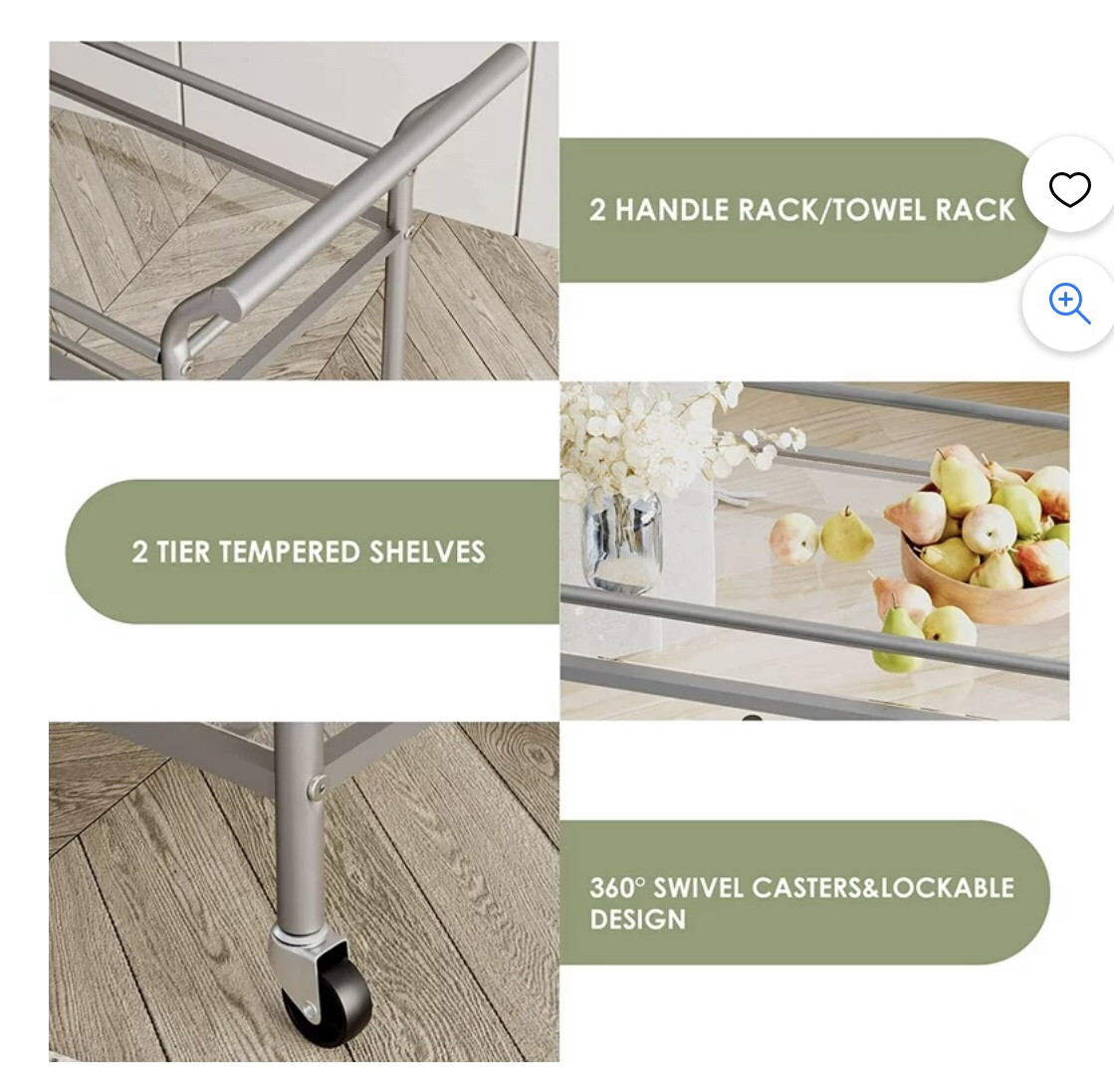 Homfa Bar Cart with 2 Tier Tempered Glass Shelves image indicator(6)