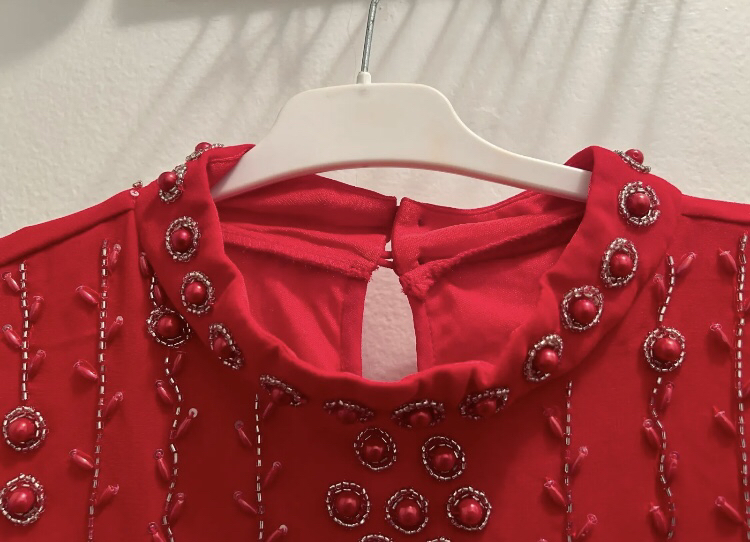 Women's Red Chiffon beaded Embroidered High Neck Cocktail Dress - photo 3