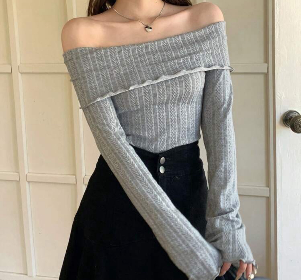 Off Shoulder Grey Long Sleeve thumbnail