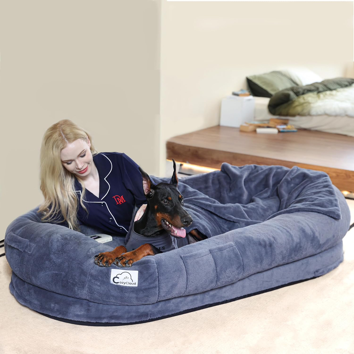 Cozy Cloud Delux Human Dog Bed in Dark Grey Faux Fur
