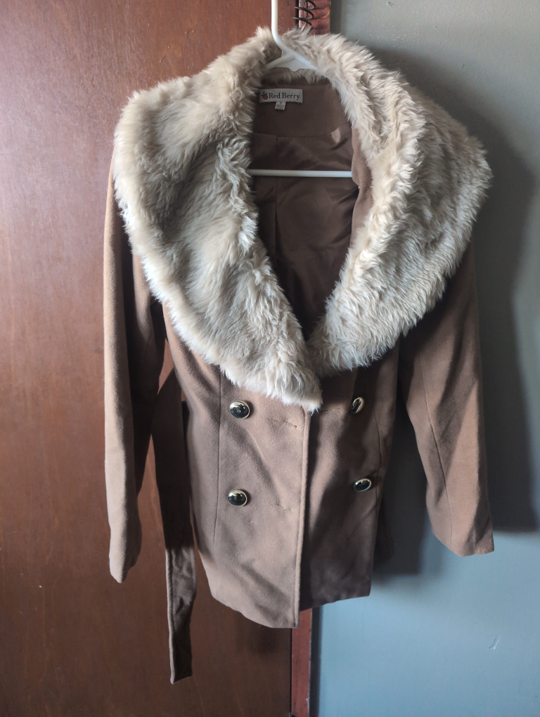 Red Berry mid length jacket with faux fur trim