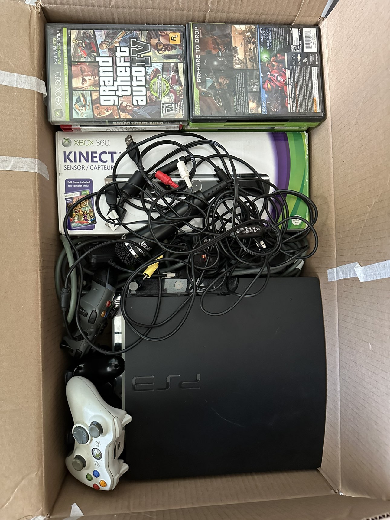 PS3 and XBOX 360 with many games and controllers
