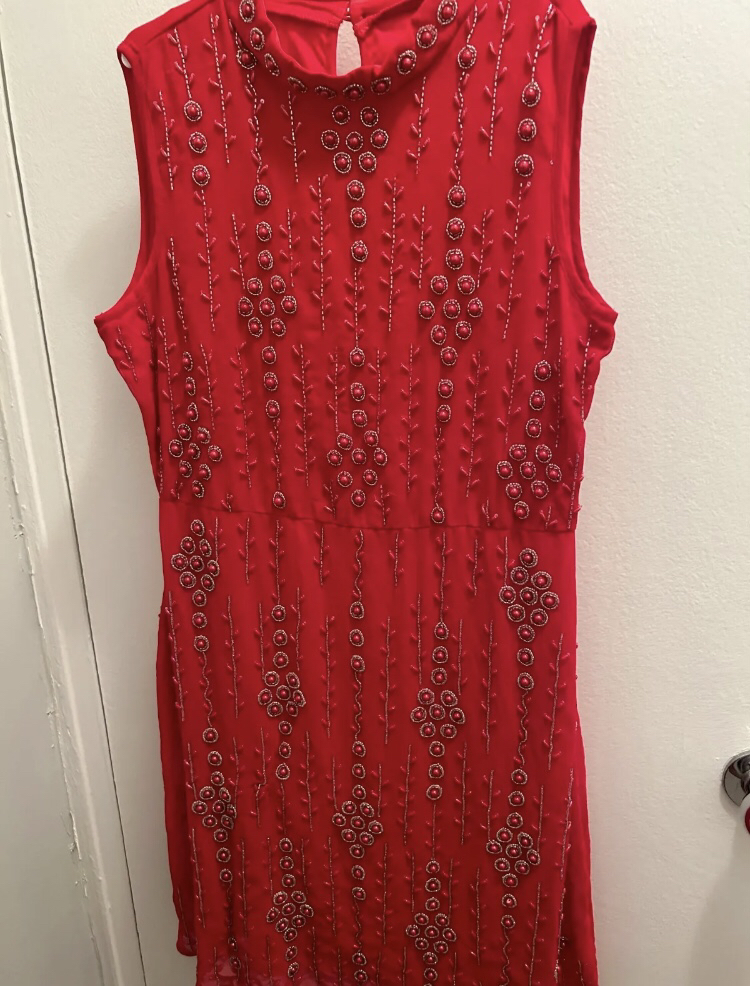 Women's Red Chiffon beaded Embroidered High Neck Cocktail Dress