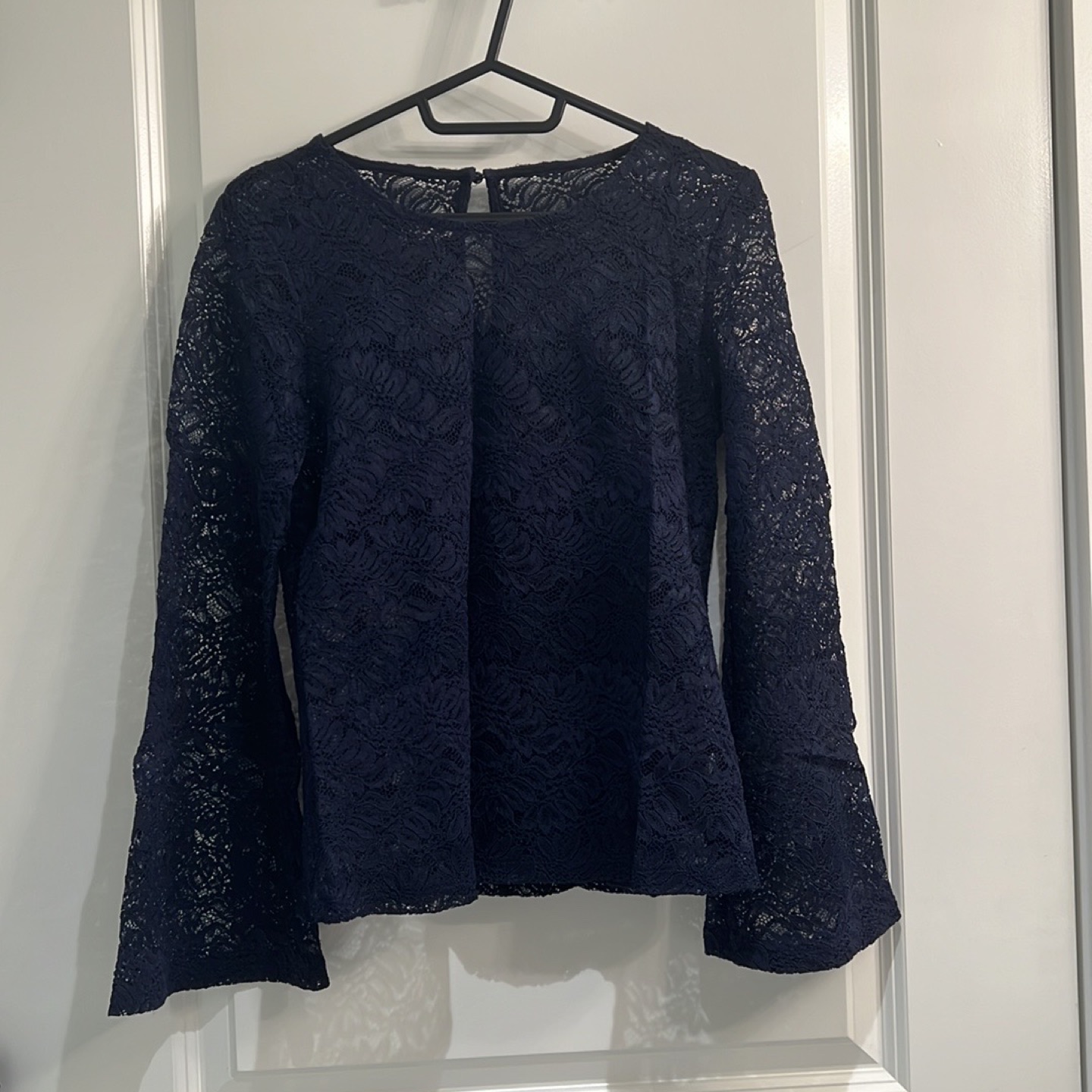 Navy Blue Floral Lace Long Flared Sleeves Built in Tank Top thumbnail