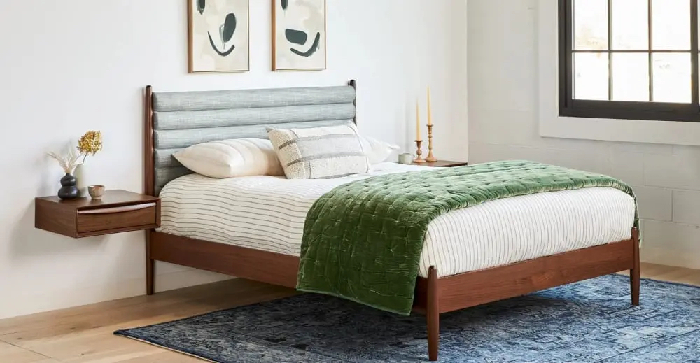Pebble-Grey Walnut Midcentury Modern Queen Bed Frame thumbnail