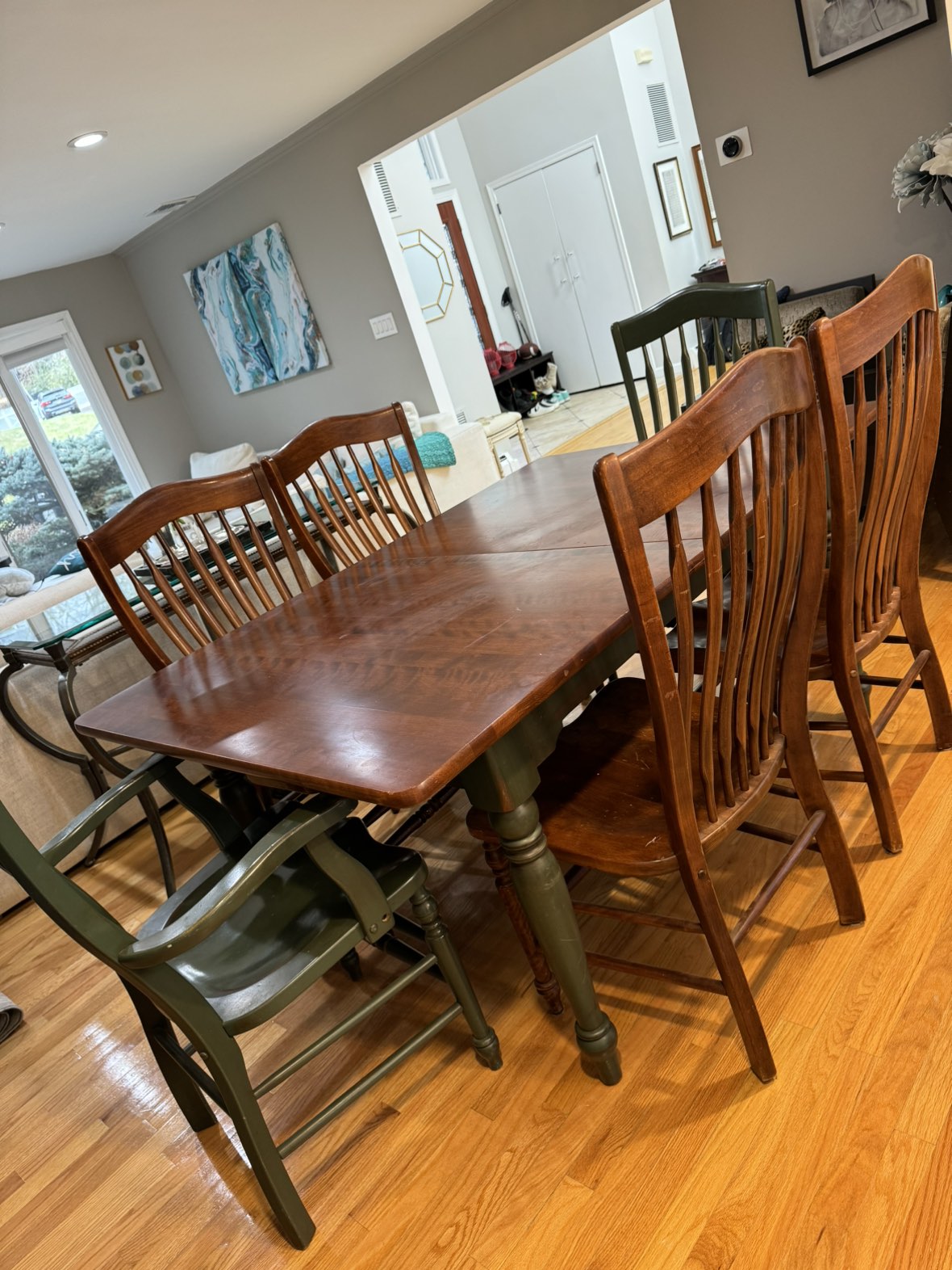 Solid wood dining room table and 8 chairs