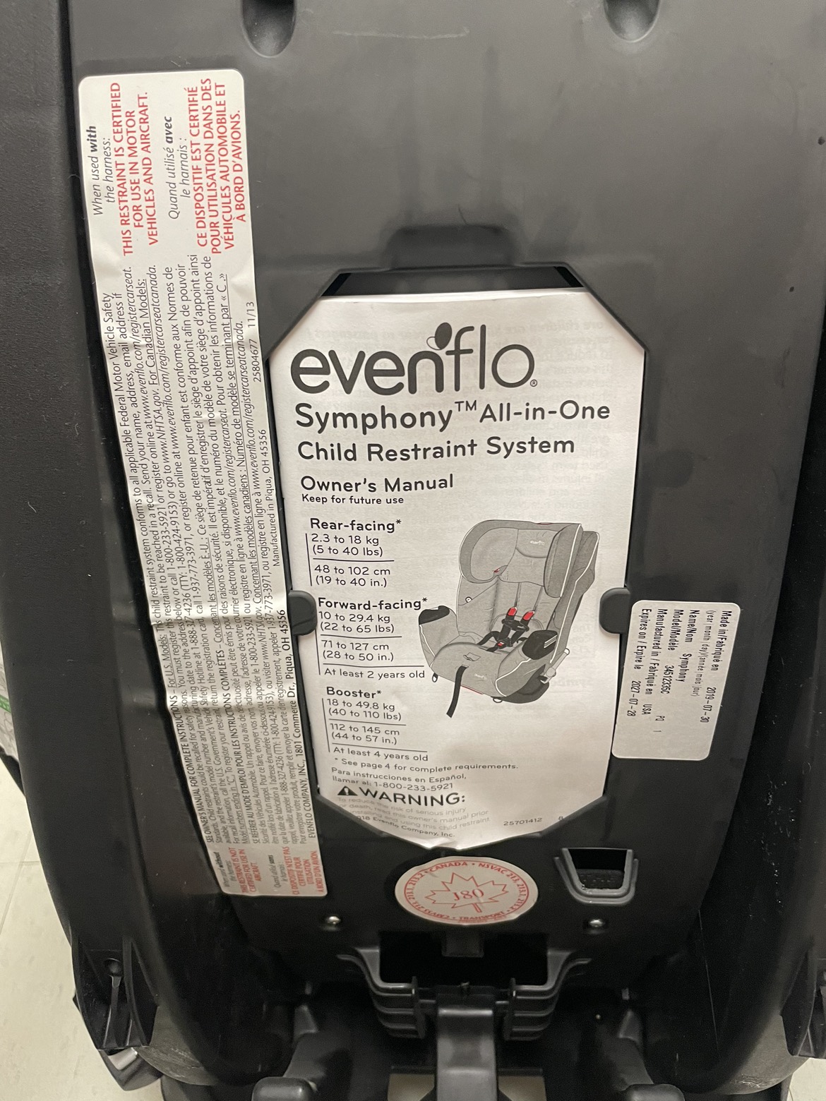 Car seat evenflo symphony all in one , used like brand new. - photo 3