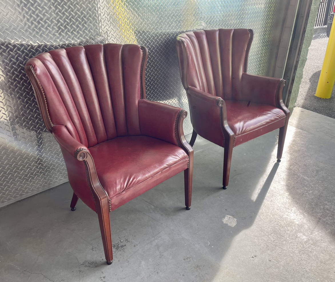 Vintage Pair of Jens Risom Style Wingback Red Vinyl Chair
