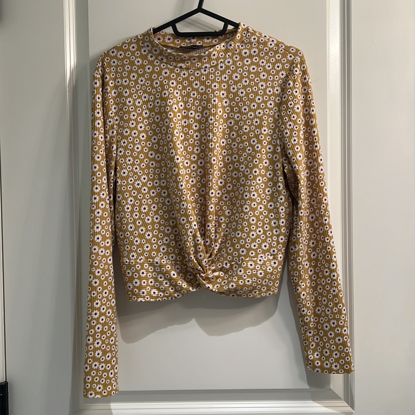 Poison Ivy Ribbed Yellow Floral Print Twisted Long Sleeve Blouse thumbnail