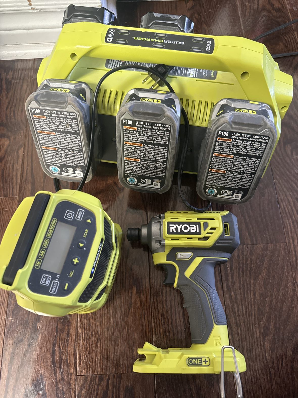 Ryobi One+ Drill, Batteries, supercharger and radio