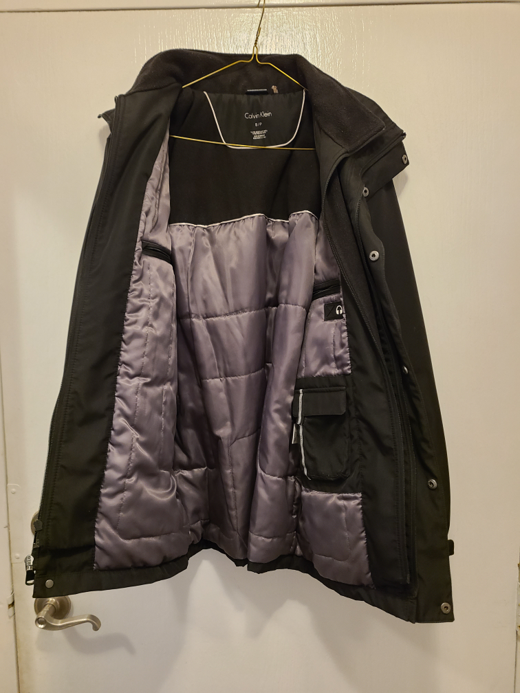 New Black Calvin Klein long coat water repellant removable hood image indicator(4)