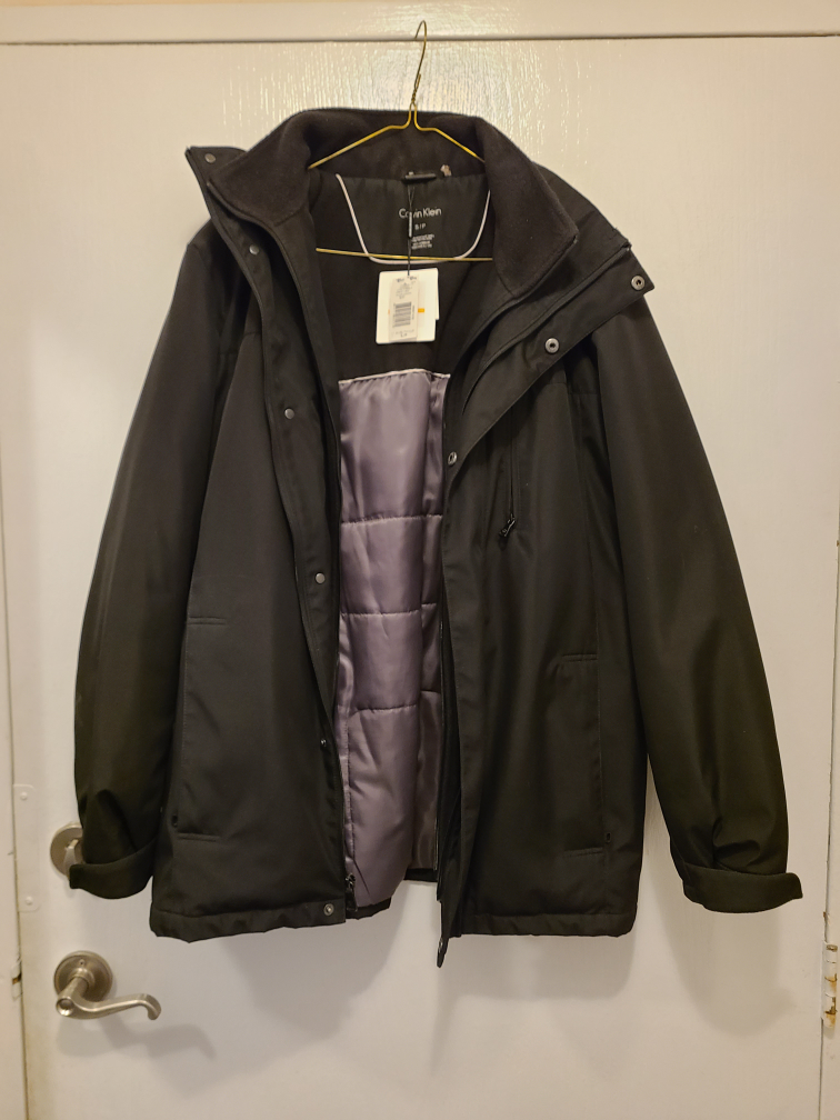 New Black Calvin Klein long coat water repellant removable hood image indicator(6)