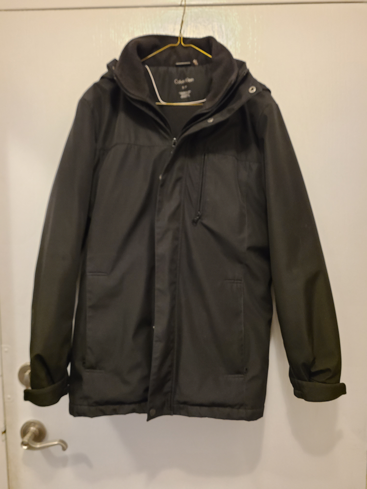 New Black Calvin Klein long coat water repellant removable hood image indicator(7)