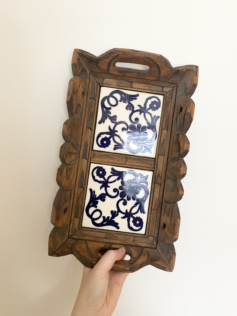 Vintage Tray Hand-Carved Wood & Ceramic Tile