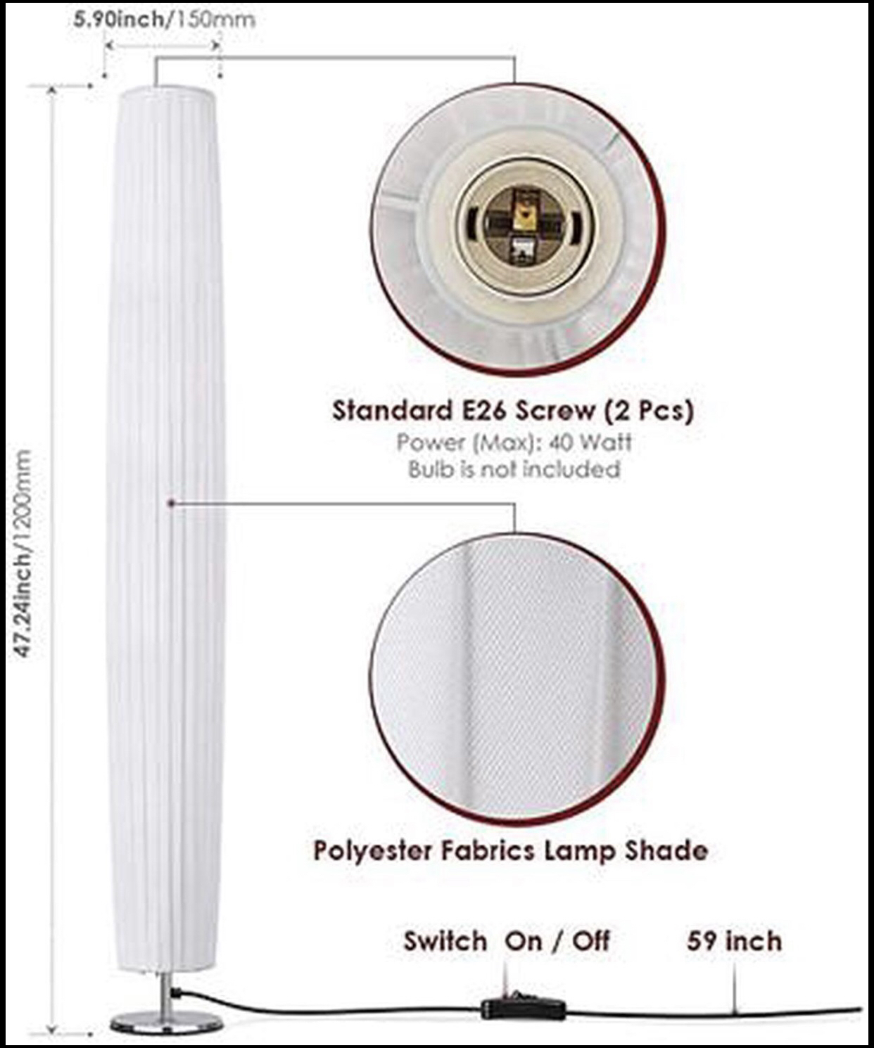 Albrillo LED Floor Lamp with Fabric Shades, 46 Inch Tall image indicator(4)