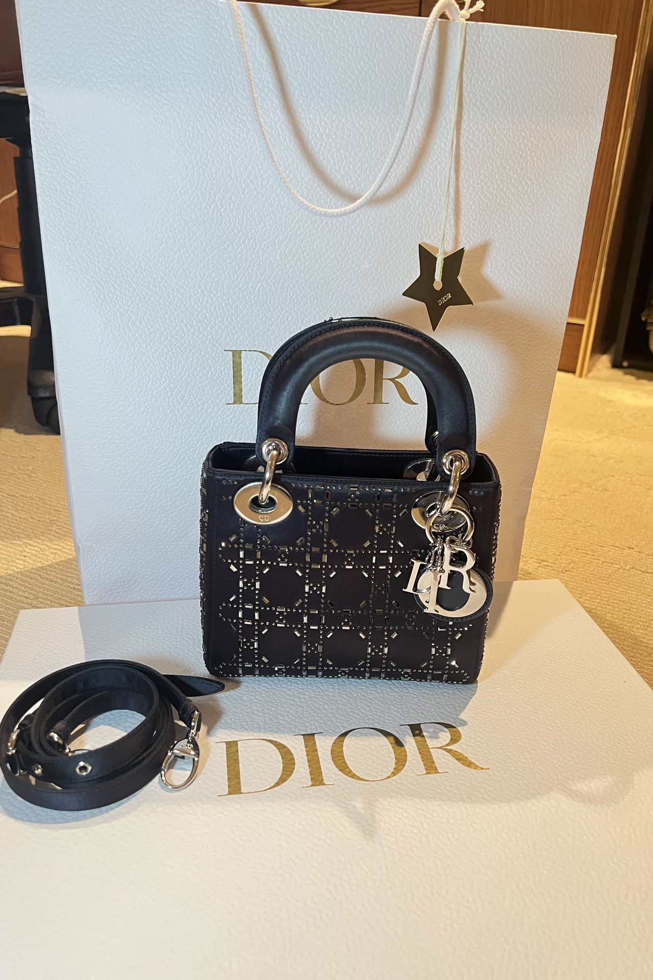 Mini Lady Dior Bag Navy Strass Cannage Satin