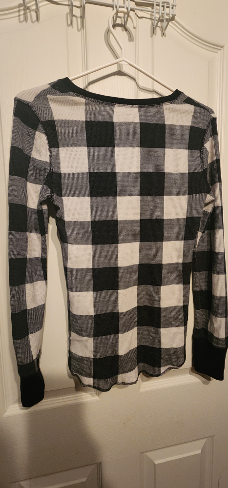 Unisex long sleeve B&W plaid shirt image indicator(2)