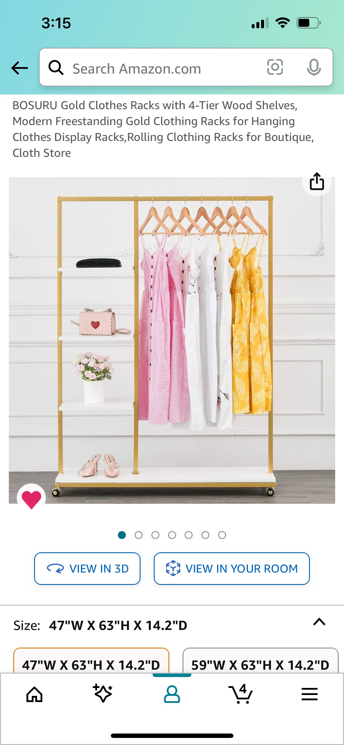 Gold clothing rack with four shelves