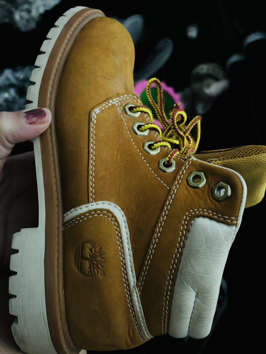 Brown and white leather Timberland image indicator(9)