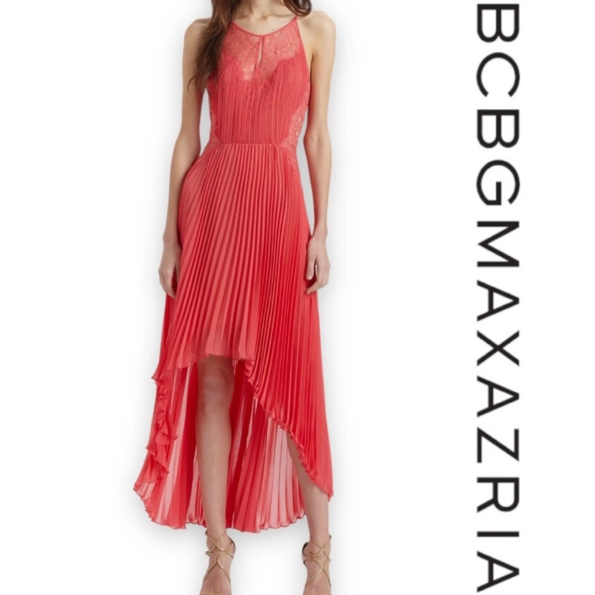 BCBG MAXAZRIA Pleated Lace & Chiffon Coral Dress Size 4 thumbnail