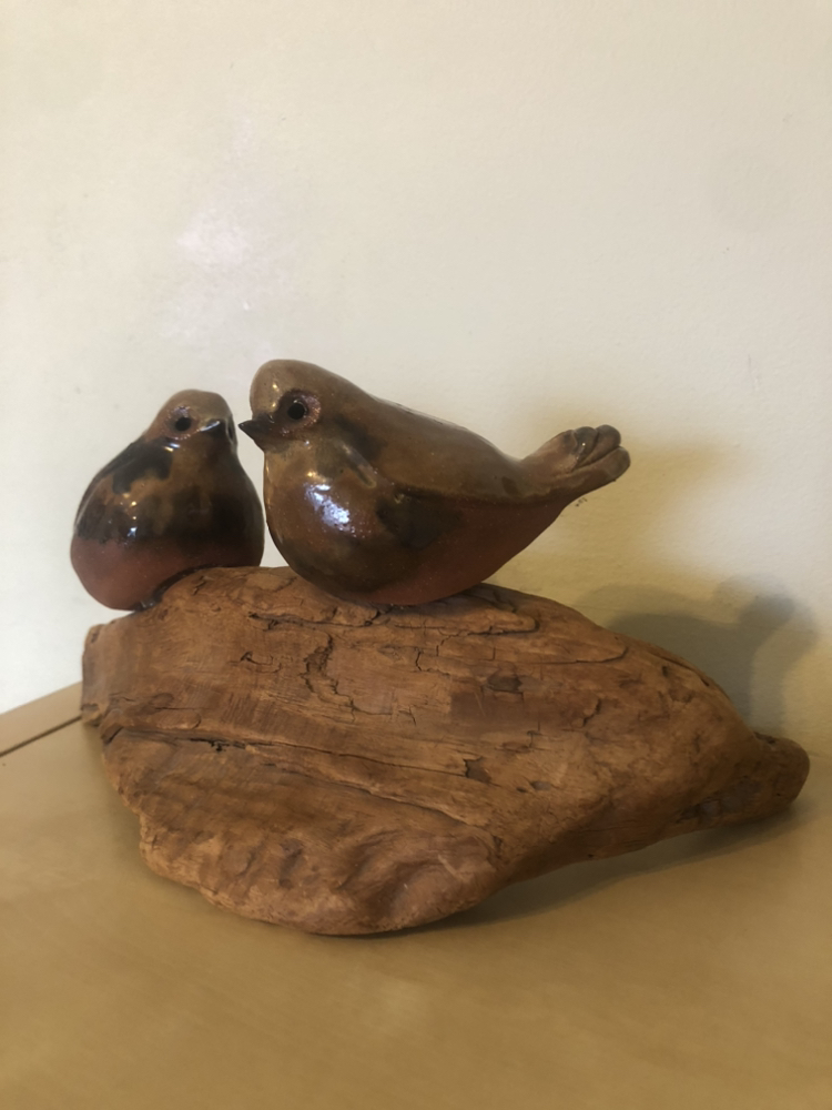 Vintage Pair of Pottery Sparrows on Driftwood