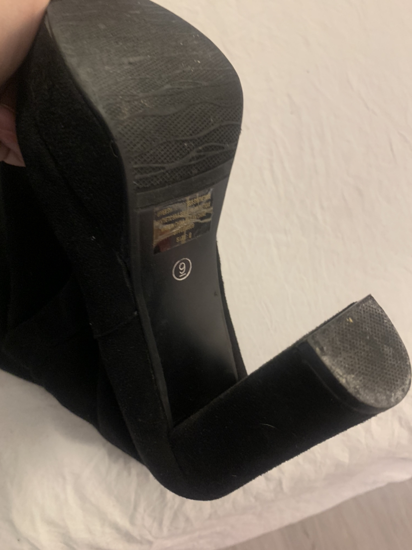 Black thigh high suede boots with lace up detail image indicator(2)