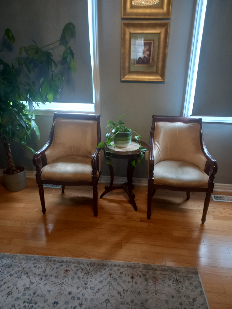 2 wooden cushion chairs with centre table