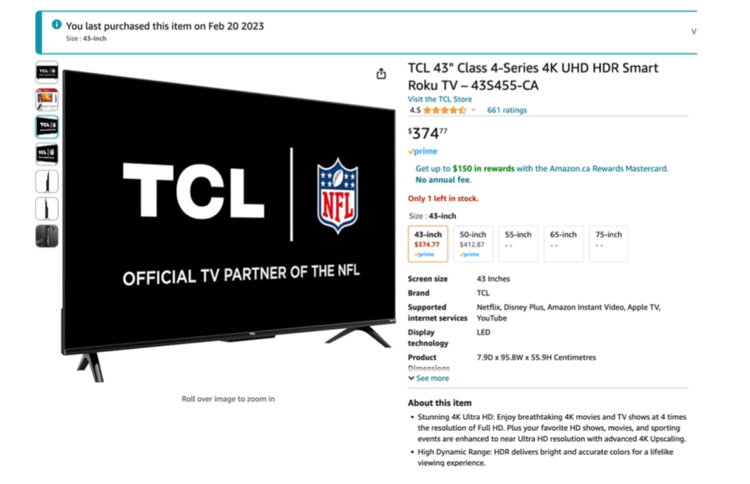 TCL 43" Class 4-Series 4K UHD HDR Smart Roku TV
