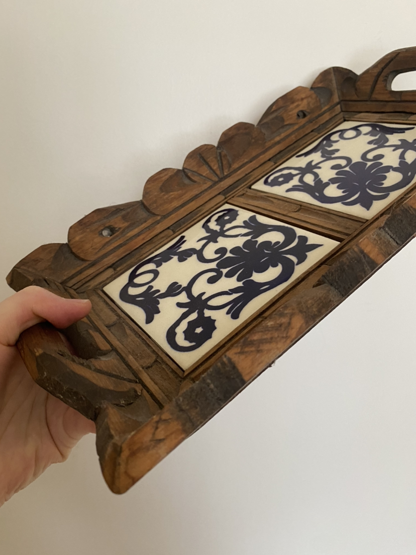 Vintage Tray Hand-Carved Wood & Ceramic Tile - photo 3