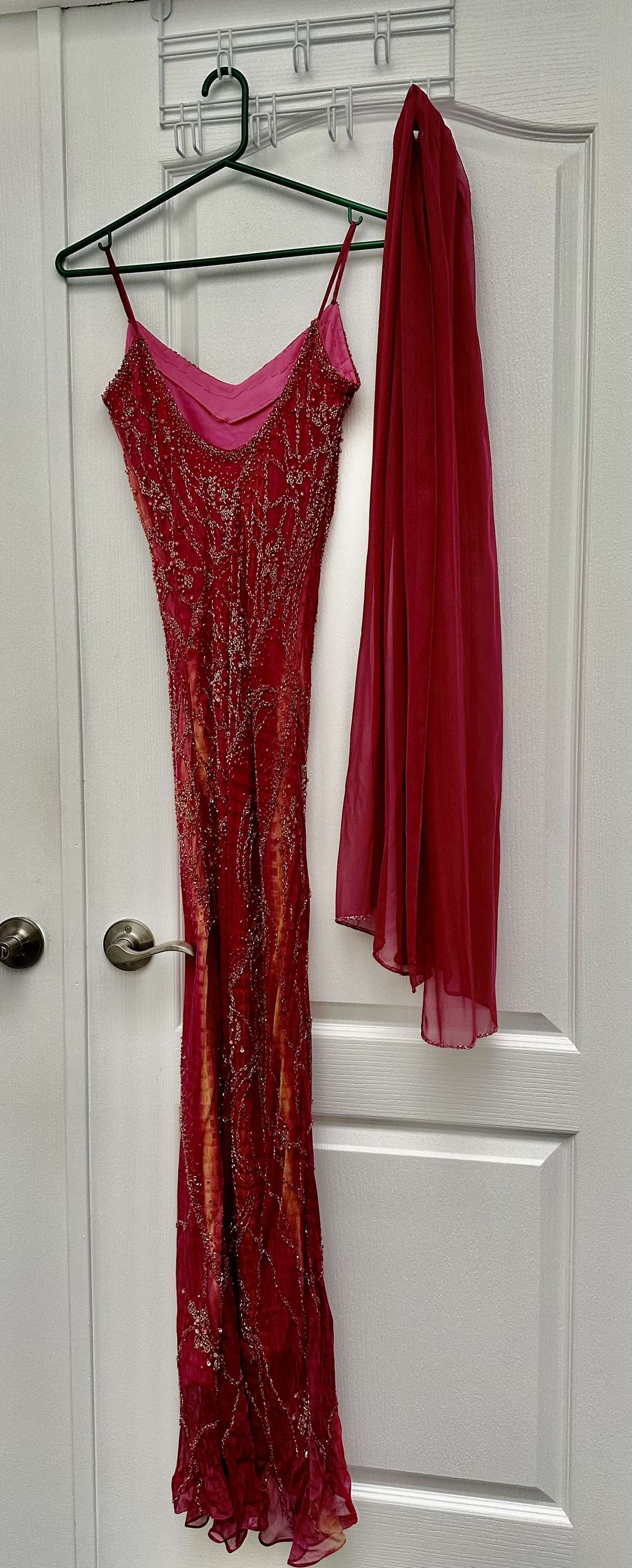 Fuchsia colour beaded chiffon evening long dress w/shawl image indicator(2)