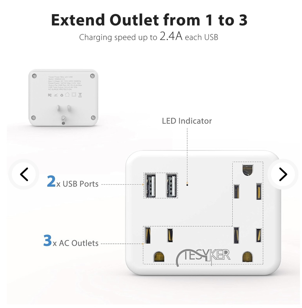 Travel Power Strip 3 Outlet 2 USB Charger Port Multi - photo 5