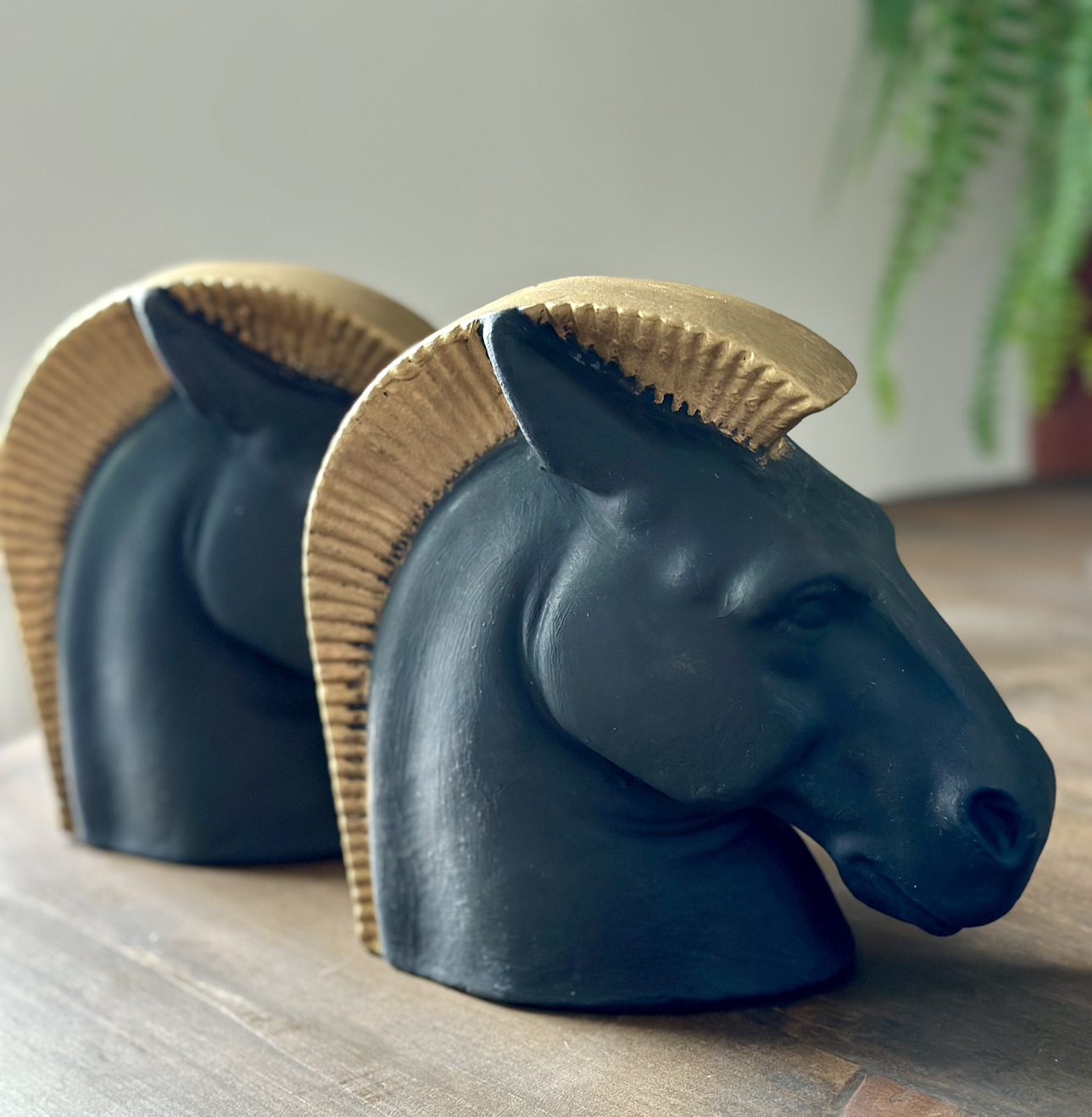 Set of 2 Black Horse Heads with Golden Manes: Bookends - Decor thumbnail