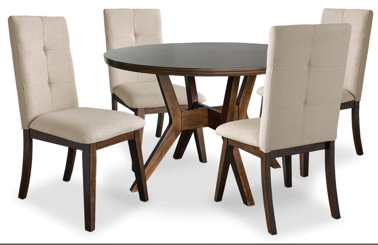 Chelsea Walnut Wooden Round Dining Table with 4 Beige Chairs