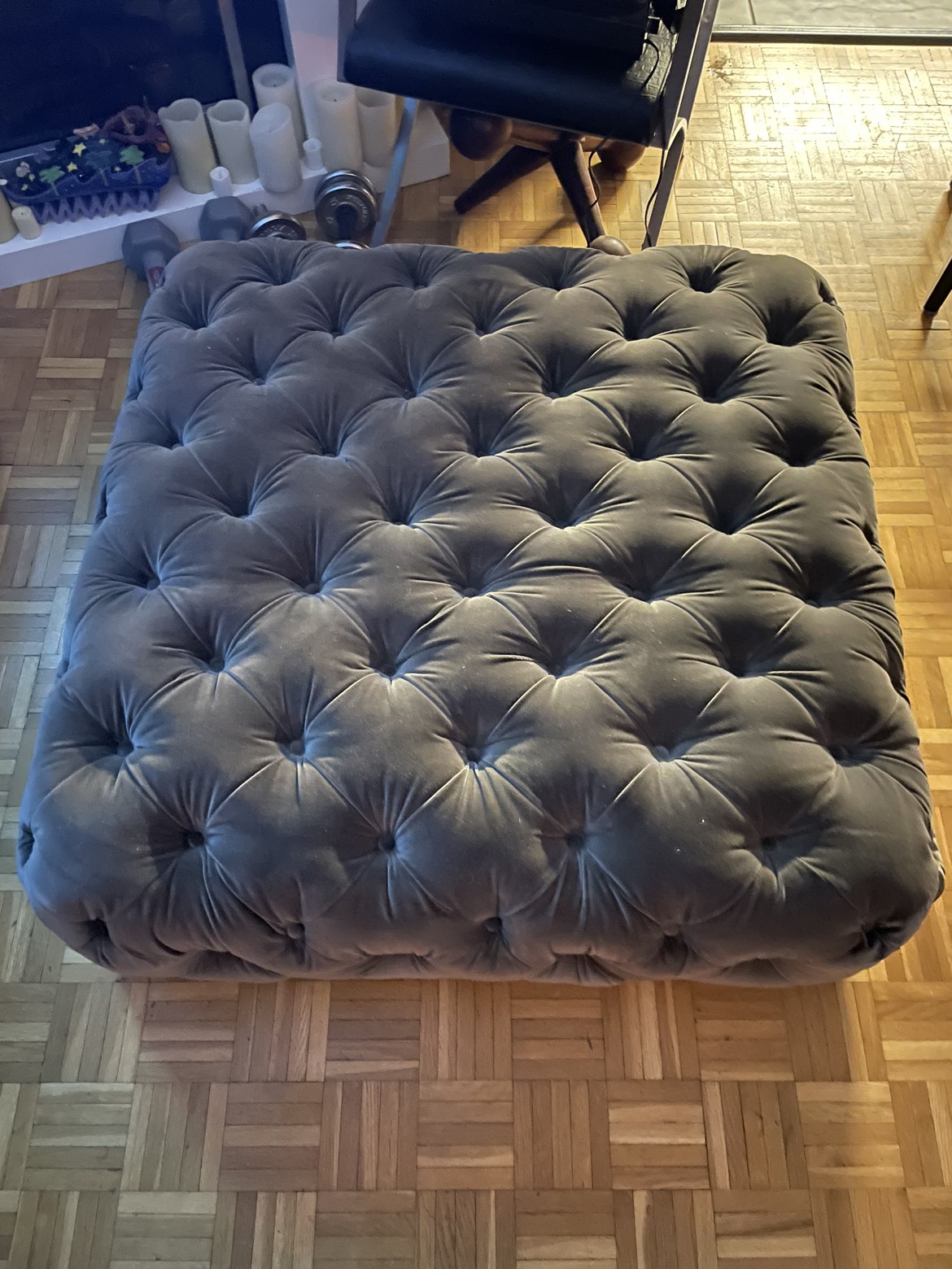 GRY Tufted Button Large Square Velvet Ottoman, Gray thumbnail