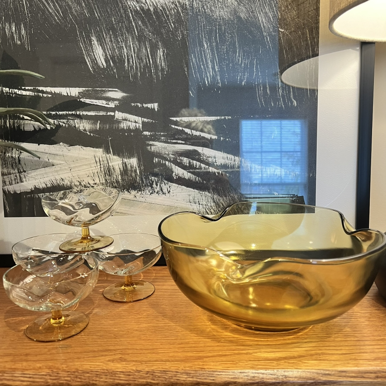 1960’s Amber Glass Bowl & Champagne Coupe Glass Set